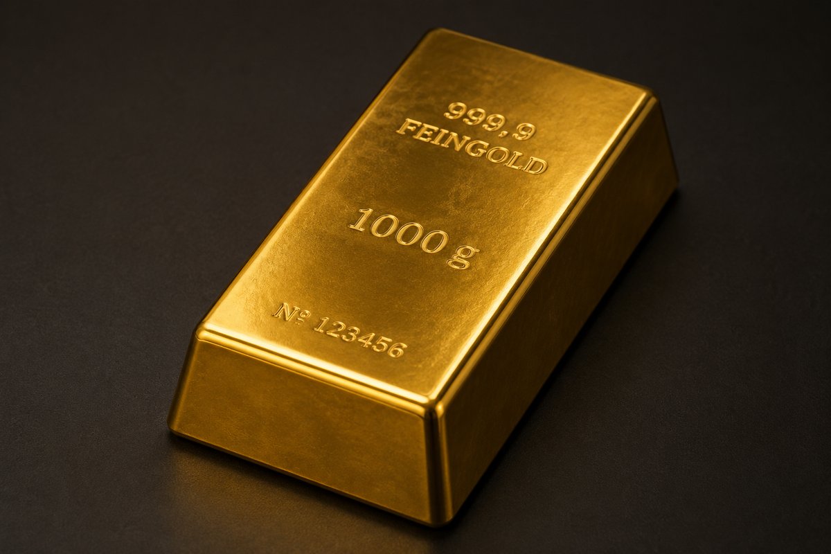 Gold-JENNY hält einen 1000g Feingoldbarren — physisches Gold von TGI International